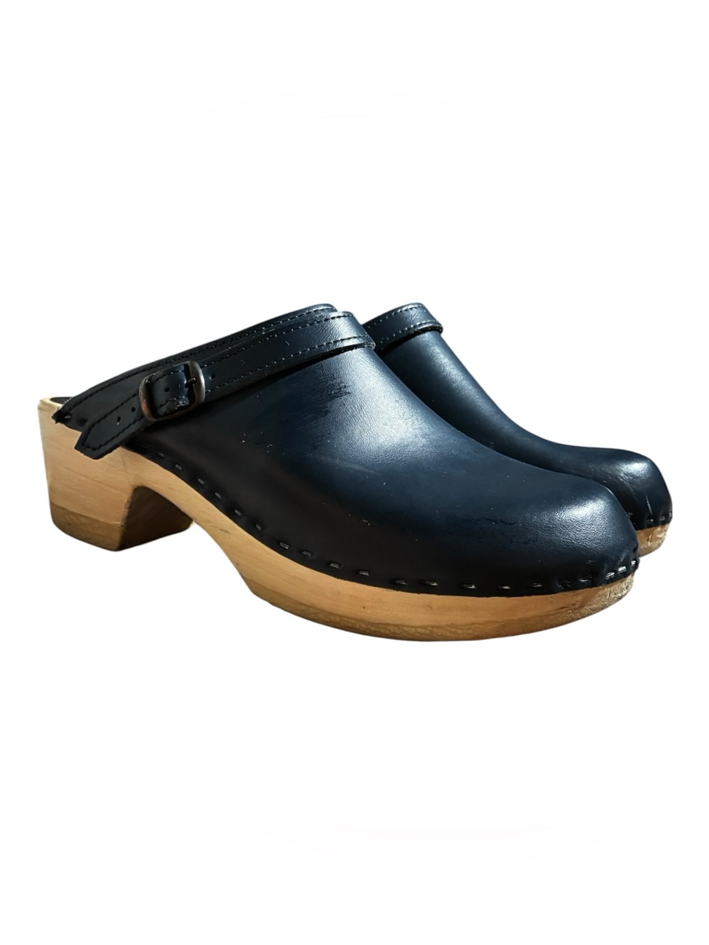 SVEN Sling Strap Clogs Mid Heels Navy Leather